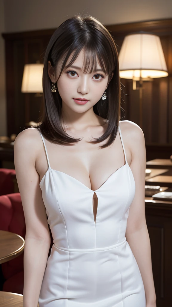 ((((masterpiece、Highest quality、High resolution、Tabletop、wallpaper、Realistic、Bright lighting、Professional Lighting、Face Light、Smooth lighting、Japanese women、Beautiful woman、action、gravure、sexly、so beautiful、Beautiful Skin、Beautiful and exquisite、Detailed face、slim:1.5))))、((Big Breasts:1.4))、((((Japanese,20-year-old,One Woman:1.5)))),smile,Close mouth,accessories, Earrings, Luxury Lounge,evening gown,dress,cabaret girl, hostesses