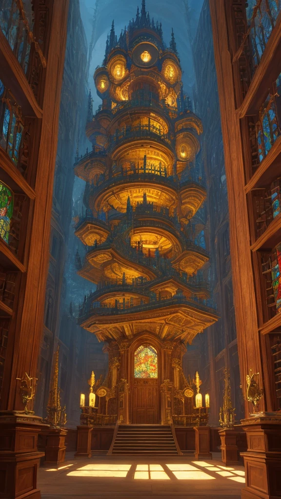 detailed fantasy library in a giant tree, beautiful intricate architecture, vast interior space with bookshelves, stained glass windows, warm lighting, photorealistic, cinematic composition, epic scale, 8k, hyper detailed, masterpiece