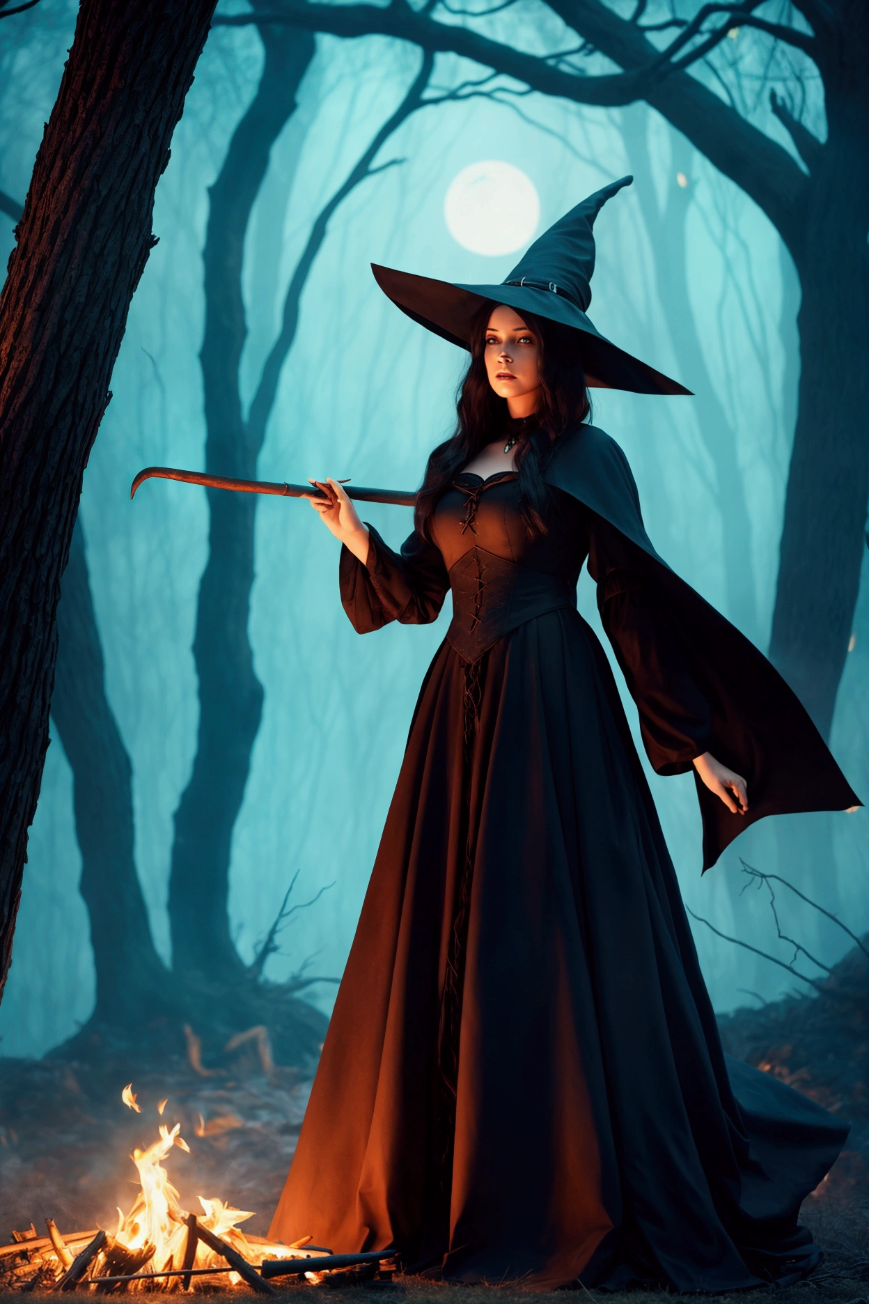1 female beautieful witch at a bonfire, cloaked, floating in the wind, night scene, creepy trees