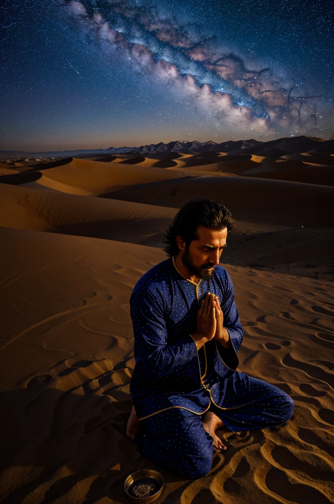 A sufi devotee praying, in desert, at night, sky full of stars