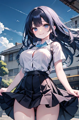 （Cute older sister:1.3）、Long eyelashes、smile,Spring atmosphere、noon、Aggressive、hot、((Strong winds))、Black Skirt、Shining Eyes、Light blue Y-shirt、Cafe,Large Breasts