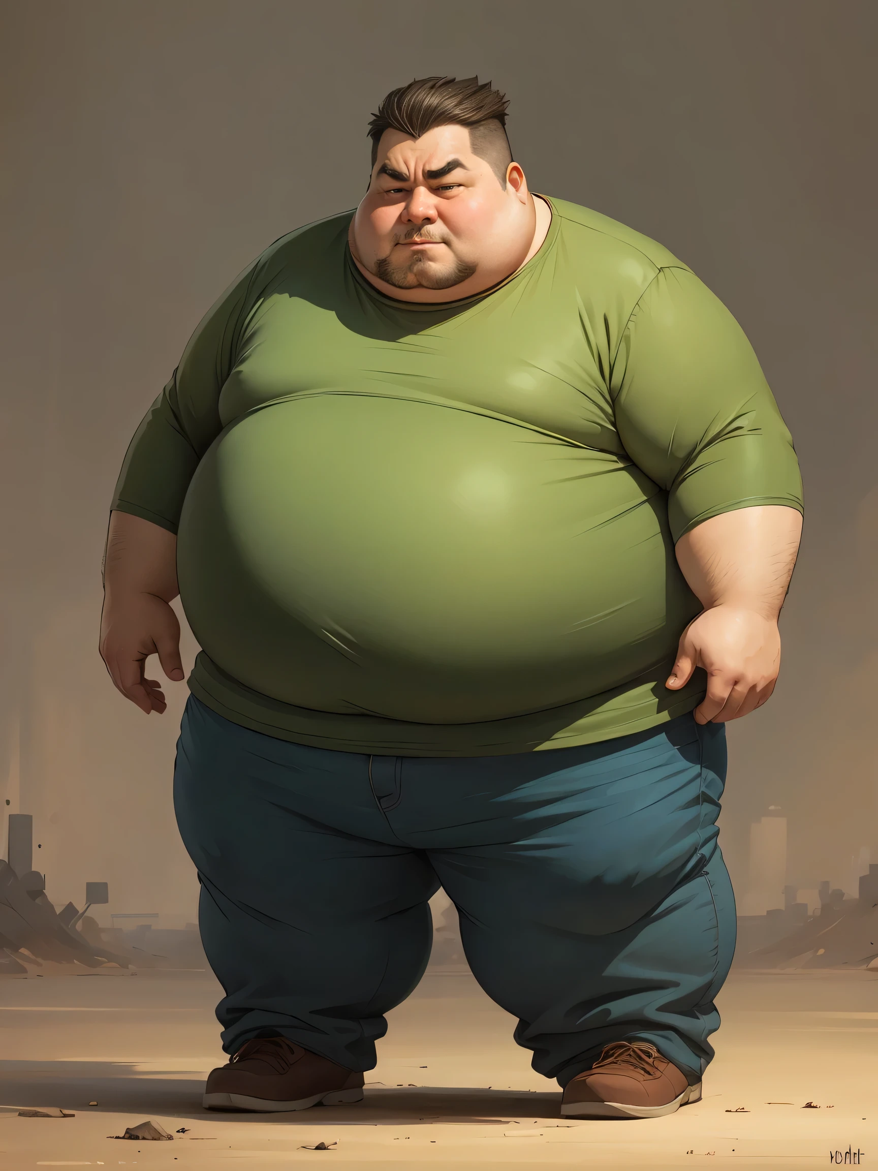 fat man, animated cartoon, Grieving, standing, solid track record, looking at the camera