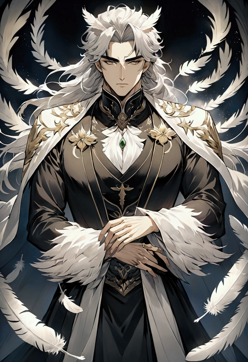 Create a manhwa-style illustration of a hybrid man and owl character. The character should have a majestic appearance, with an upright and imposing posture. His eyes should be green and penetrating, and his feathers should have a subtle shine, reflecting an aura of mystery and power. The character should have owl characteristics, such as feathers on his arms and shoulders, while still maintaining the form and presence of a human. His face should be human and beautiful, with refined features, but from the middle of his eyebrows to his hair, he should have owl fur, adding a unique and elegant touch. He should be gorgeous and delicate, with an enigmatic aura. The background should be atmospheric, suggesting a nocturnal or mystical environment.