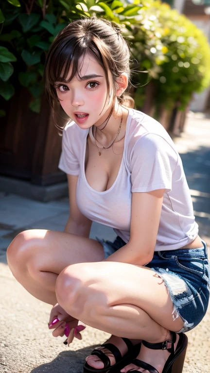 Girl in summer clothes, White T-shirt, Tight shorts, As if I wanted to kiss you, (Girl crouching and looking at the camera), Small breasts, Cleavage, Random Background, Sexy expression, ((Very detailed)), (Perfectly detailed face), (Handcrafted with attention to detail) Photorealistic images.