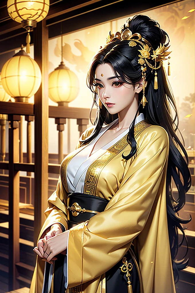 Black Hair, Immortal, Beauty, Royal sister, Stepmother, Gold Yellow Taoist robe, Golden Phoenix Coronet, Hair Bunch, Mature Woman,Sunshine