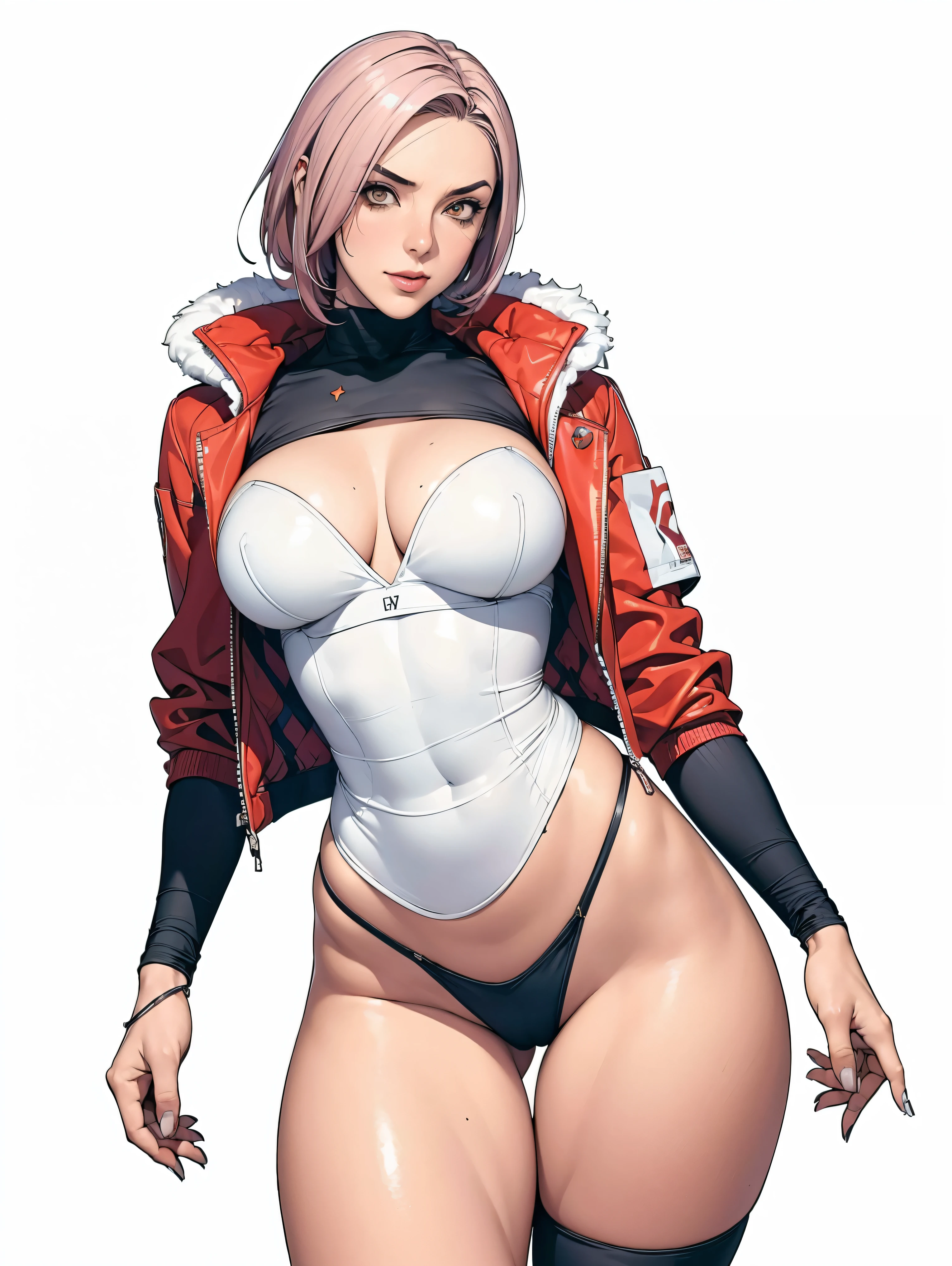 (((Annie Lennox))), (((colorful suit))), (scars), (((bandaged arms))), (((colorful clothes))) (( hood)), (((best quality: 1.4))), (Unbeatable masterpiece), (hyper HD),(CG 8k hyper-realistic), beautiful face, (((breasts big))), (((hyper feminine))), sexly girl, round face, black tattoo,（ultra short red hair with white highlights)), ((( sculptural body ))), (((1 Kizi))), Kizi tatuada de 25 anos com perfect body,,Beautiful and well-groomed face, (round face), muscular body:1.2,solid color detailed jacket, (Head to thigh photos)， Complex equipment, ，Tight clothes，With white stars and off-white stripes,,,,,Armor Metal Electronic Parts, Poison tattoos ) INFO, Kizi, (((standing alone))), , 24歳, sexy, pose de attitude, work of art, dancing, ((slight smile)), post-apocalypse, (((manga style))), bounty hunter, the way you want, perfect body, roupa moderna, advanced technology, white, yellow accent, black, red accent, fur collar jacket, sleeves with vertical striped pattern, background city, (( cowboy shot )). intricate visual, narrow waist, (((wide hips))), wide hips, fit thighs, (((thigh gap))), Thigh gap, background shows a futuristic airplane, open expression, expression happy