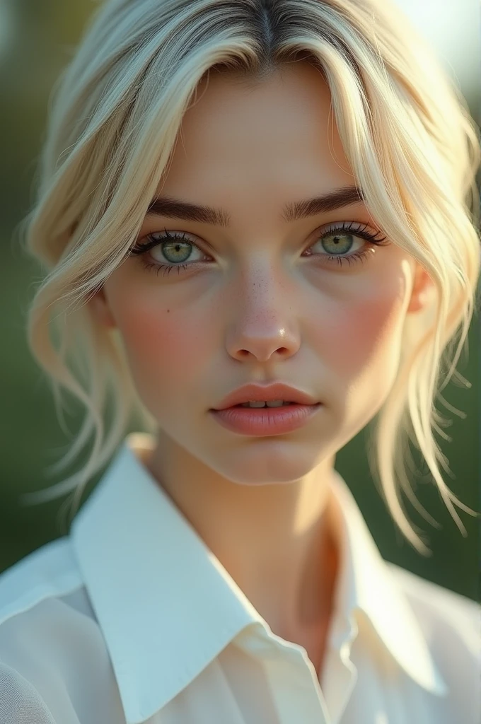 (Highest quality, 8k :1.2), (masterpiece :1.3), One girl,Beautiful woman :1.3, short hair, Highly detailed face, Detailed eyes, double eyelid, Blonde, Recall, White Shirt, Outdoor, Perfect beauty,