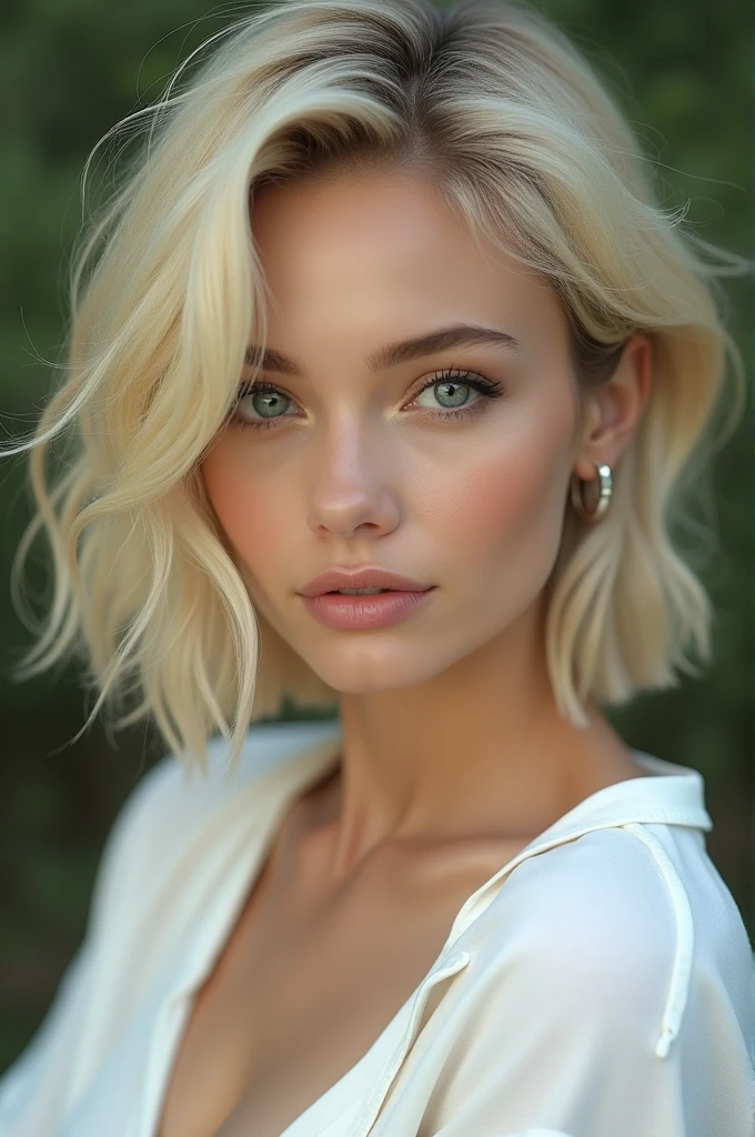 (Highest quality, 8k :1.2), (masterpiece :1.3), One girl,Beautiful woman :1.3, short hair, Highly detailed face, Detailed eyes, double eyelid, Blonde, Recall, White Shirt, Outdoor, Perfect beauty,