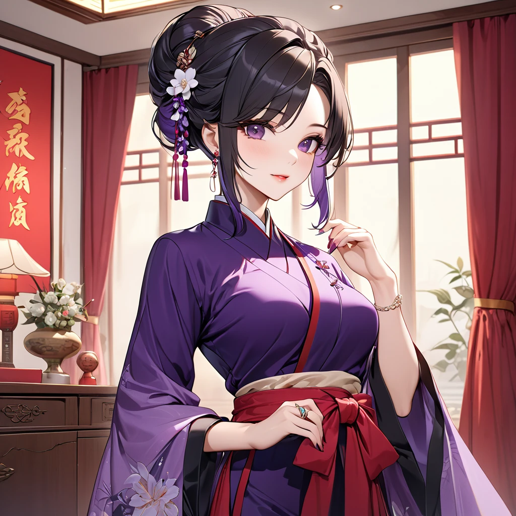 ((Highest quality)), ((masterpiece)), (detailed), （Perfect Face）、The woman is a Chinese woman named Kocho Shinobu.。, Purple gradient bob black hair and formal evening hairstyles. She is wearing an engagement ring. She is a prominent member of the Chinese Communist Party.、She is the wife of a great old Communist Party official.、The woman is beautifully dressed in the gorgeous and gorgeous red Hanfu that is typical of the Chinese Communist Party.、An elegant Chinese lady in a posh room
