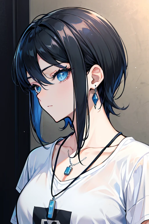 short hair、Handsome Short、Earrings、necklace、Black Hair、blue eyes、Beautiful eyes、Handsome、Black T-shirt、Upper Body