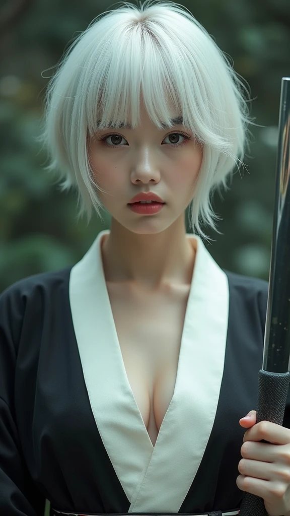 A Korean woman with short, white hair, a beautiful face showing her cleavage, wearing a black and white yukata, holding a katana, surrealistic style, pastel tones, mid shot, dramatic light.