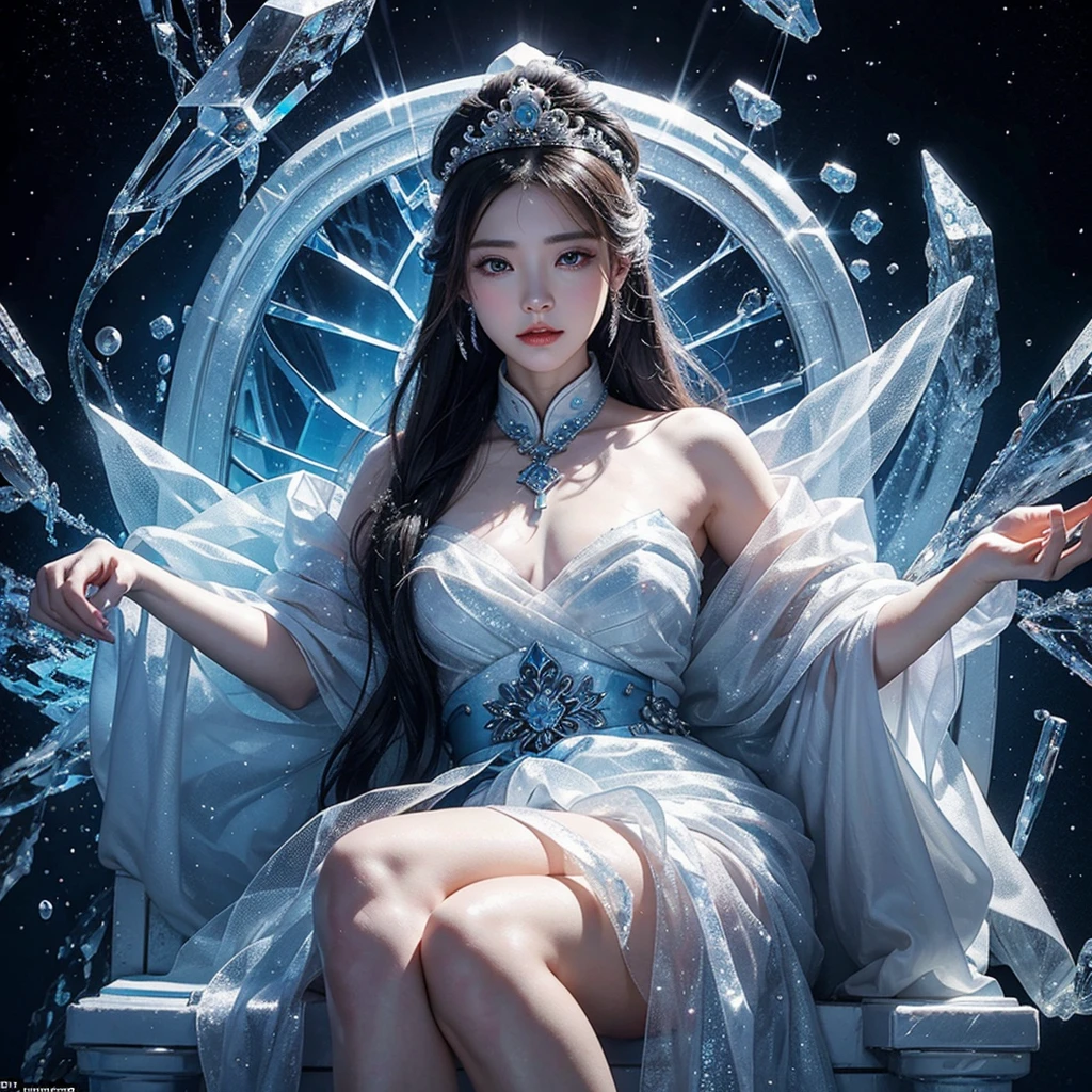 There is a poster,Picture with some ice cubes on it, Made of Ice, Everything is Made of Ice, female Made of Ice, ice background, on a throne of crystals, Inspired by Mei Qing, on an icy throat,