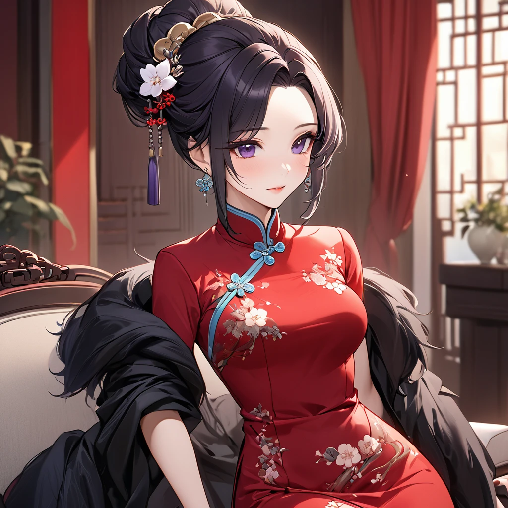 ((Highest quality)), ((masterpiece)), (detailed), (Perfect Face)、The woman is a Chinese woman named Kocho Shinobu.。, Purple gradient bob black hair and formal evening hairstyles. She is wearing an engagement ring. She is a prominent member of the Chinese Communist Party.、She is the wife of a great old Communist Party official.、The woman is beautifully dressed in a gorgeous red cheongsam, typical of the Chinese Communist Party.、An elegant Chinese lady in a posh room