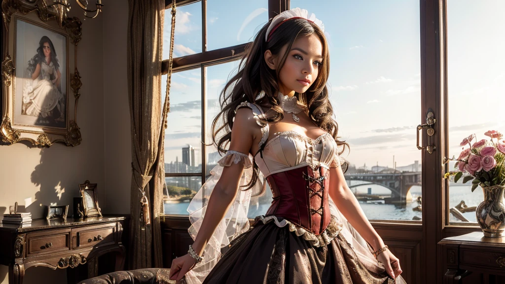 work of art, best quality female, (French),(smallbreast), (very long and curly pink volumetric hair:1.33), (white crinoline inside with red corset outside:1.33), (long red skirt:1.33), Flat headband, (beautiful detailed brown eyes:1.33), smiling face with detailed blush, Fine body, Perfect Anatomia, very cute, dynamic pose, showing a little leg, perfect shading, dramatic lighting, rendered in 8K resolution for high-quality details, Trends in the art season, conceptual artwork, Soft, sharp focus, in a salon, highy detailed, volumetric natural soft, cinematic perfect light, details Intricate