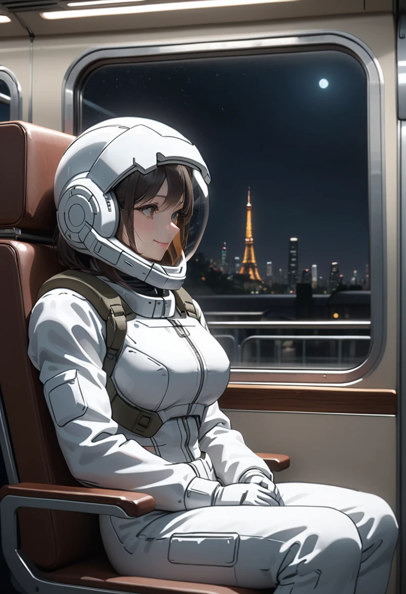 space helmet, (cinematic scene, sitting on a chair, train interior, , city view, night view: 1.5), space helmet, eva helmet, space suit, astronaut), smile bubble helmet, very detailed, speed helmet, bubble helmet, ,upper body, astronaut),eva helm, spacesuit , astronaut),girl, wearing a (spacesuit:1.15), white cargo pants, from side, black hair,big breasts,