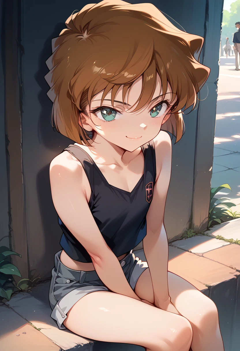 masterpiece,High resolution,Highest quality,8k(Detective Conan,ai haibara)
(***************,,Flat Chest,Short,Brown Hair,short hair)Fearless smile
(Grey short hot pants,Black Tank Top)sit,Hands between the legs