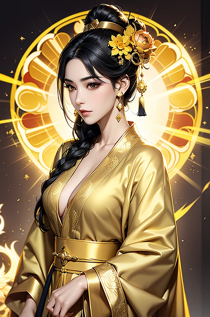 Black Hair, Immortal, Beauty, Royal sister, Stepmother, Gold Yellow Taoist robe, Golden Phoenix Coronet, Hair Bunch, Mature Woman,Sunshine