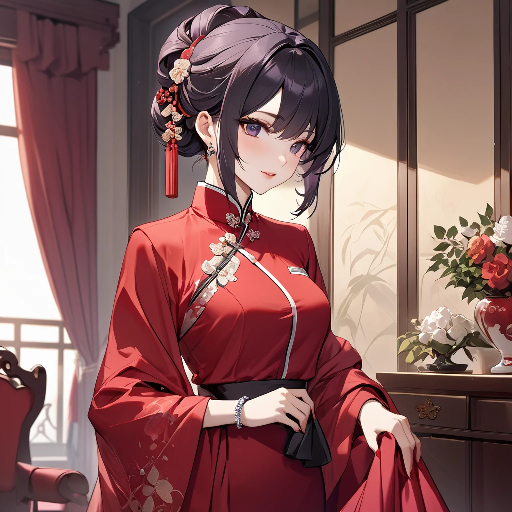((Highest quality)), ((masterpiece)), (detailed), （Perfect Face）、The woman is a Chinese woman named Kocho Shinobu.。, Purple gradient bob black hair and formal evening hairstyles. She is wearing an engagement ring. She is a prominent member of the Chinese Communist Party.、She is the wife of a great old Communist Party official.、The woman is beautifully dressed in a gorgeous and glamorous red dress typical of the Chinese Communist Party.、An elegant Chinese lady in a posh room