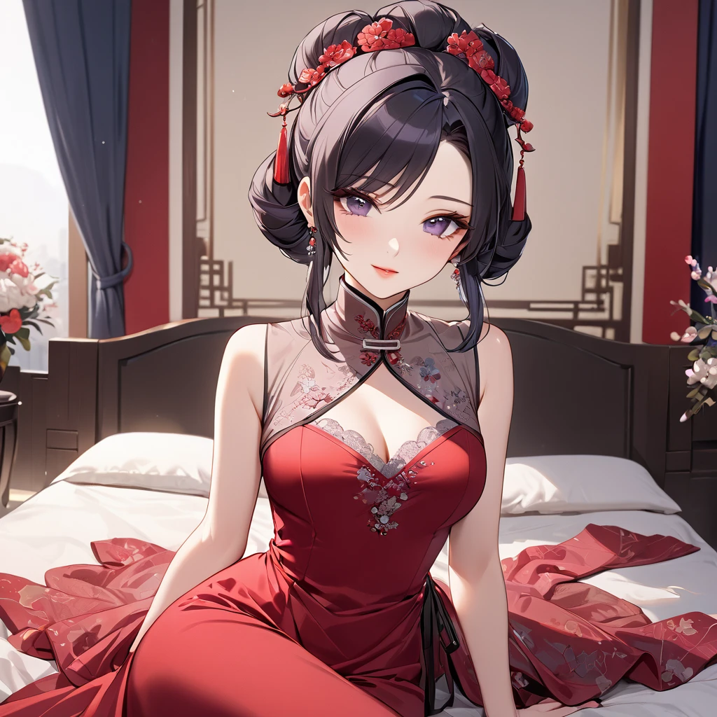 ((Highest quality)), ((masterpiece)), (detailed), (Perfect Face)、The woman is a Chinese woman named Kocho Shinobu.。, Purple gradient bob black hair and formal evening hairstyles. She is wearing an engagement ring. She is a prominent member of the Chinese Communist Party.、She is the wife of a great old Communist Party official.、The woman is beautifully dressed in a gorgeous red nightgown typical of the Chinese Communist Party.、An elegant Chinese lady in a posh room