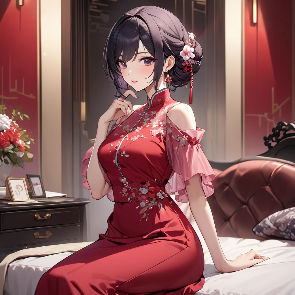 ((Highest quality)), ((masterpiece)), (detailed), （Perfect Face）、The woman is a Chinese woman named Kocho Shinobu.。, Purple gradient bob black hair and formal evening hairstyles. She is wearing an engagement ring. She is a prominent member of the Chinese Communist Party.、She is the wife of a great old Communist Party official.、The woman is beautifully dressed in a gorgeous red nightgown typical of the Chinese Communist Party.、An elegant Chinese lady in a posh room