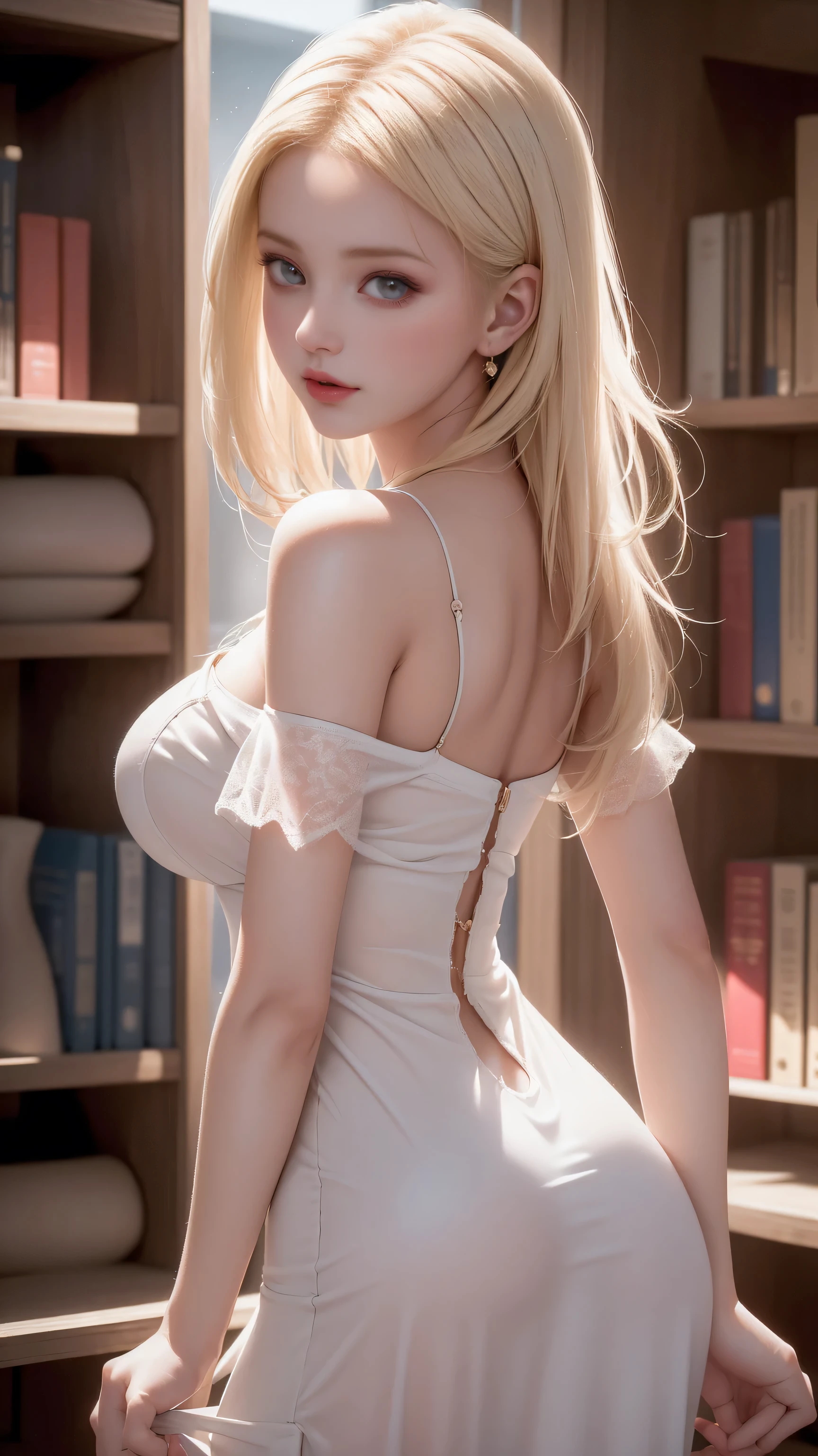((Girl standing in front of bookshelf in library))、(Rear view)、(look back)、Highest quality work,Actual work,Ultra Premium Graphics,8K HD CG Works,High quality graphics,High-definition CG works,10x pixels,Extremely fine detail:1.1,Advanced Technical Details:1.1 Photorealistic,Indoor lighting effects:1.5,Natural light:1.5. Light effects(virtual Light effects:1.8),((Golden white short hair))、(Bob Hair), Thin eyebrows,High nose, Nice red lips, Rose Cheeks, A face with subtle makeup , Cute face, perfectly balanced face,(),A light-toned foundation enhances the clarity of your skin.、,((Off-the-shoulder pure white dress)). 40k, photograph, Tabletop, highest quality, Rainy background, ((1 Beautiful eyes light haired girl, White skin, Various poses.((Medium sized breasts,:1.1)), highest quality, Tabletop, Ultra-high resolution, (Realistic:1.4), RAWphotograph, (Perfect figure), (slim:1.3), Slim abdomen, Perfect slim figure, Dynamic Pose, alone, Cold light 12000K, Very detailed facial and skin texture, Fine grain, Realistic eyes, Beautiful fine grain, (Realistic Skin), Charm, 超A high resolution, surreal, Very detailed、