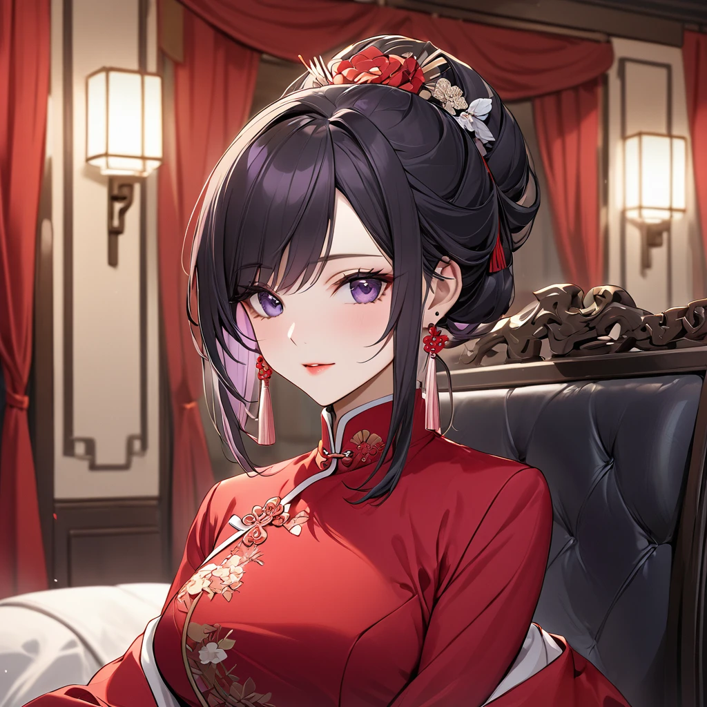 ((Highest quality)), ((masterpiece)), (detailed), (Perfect Face)、The woman is a Chinese woman named Kocho Shinobu.。, Purple gradient bob black hair and formal evening hairstyles. She is wearing an engagement ring. She is a prominent member of the Chinese Communist Party.、She is the wife of a great old Communist Party official.、The women are beautifully dressed in the gorgeous and glamorous red Mao suits typical of the Chinese Communist Party.、An elegant Chinese lady in a posh room
