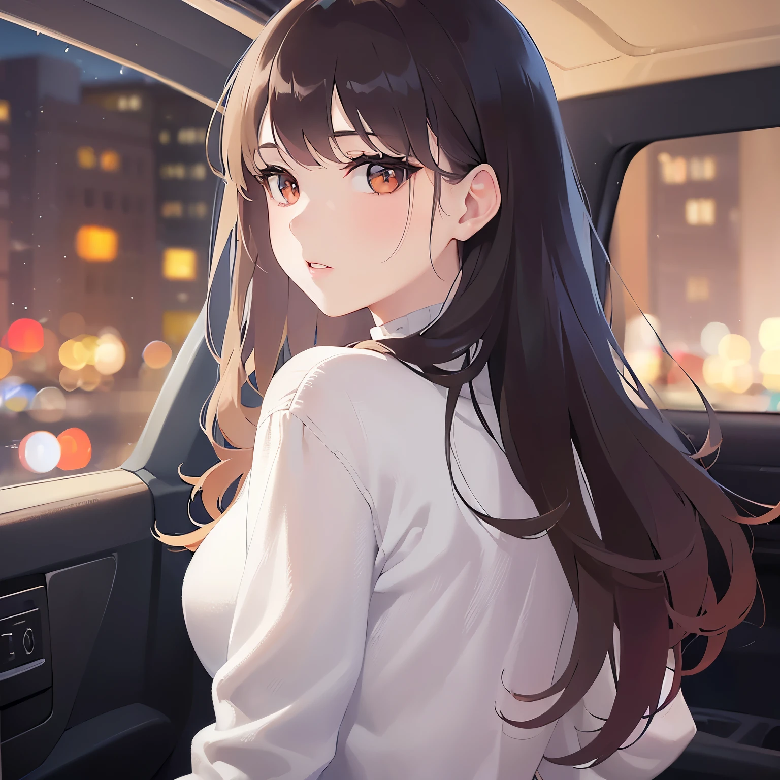 (looking at viewer:1.5)Upper Body, Side shot、
 Realistic, real person, (pale skin: 1.2), RAW photo, photorealistic, shiny skin, shiny hair、
(A 25-year-old woman with medium-length hair and bangs) and (wavy hair) and (brown hair) and (orange eyes),
White turtleneck long sleeve dress frown,The background is the back seat of the car.、(alone:1.5)、night