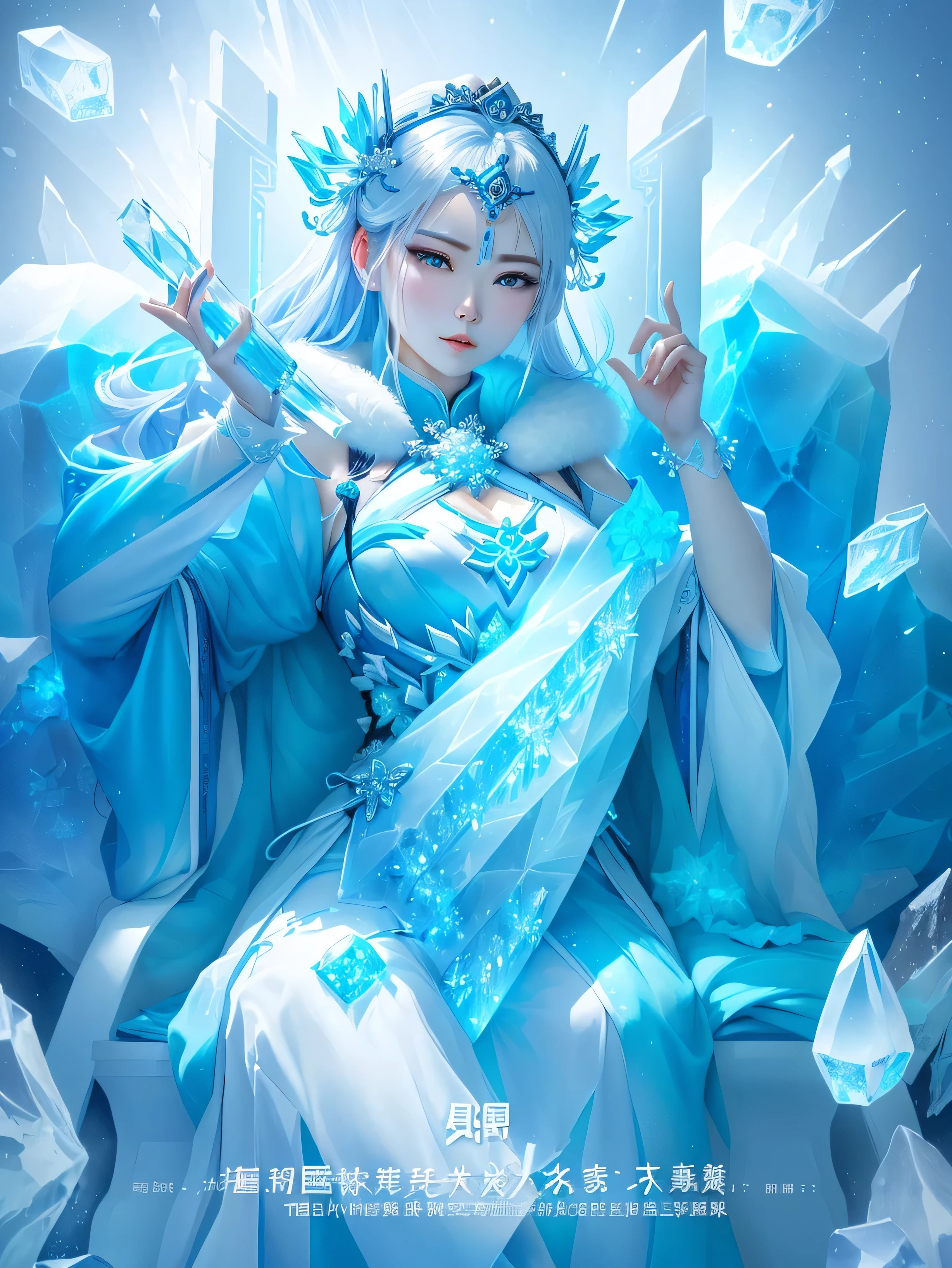 There is a poster，Picture with some ice cubes on it, Made of Ice, Everything is Made of Ice, female Made of Ice, Icicles background, on a throne of crystals, Inspired by Mei Qing, on an icy throat, floating symbols and crystals，