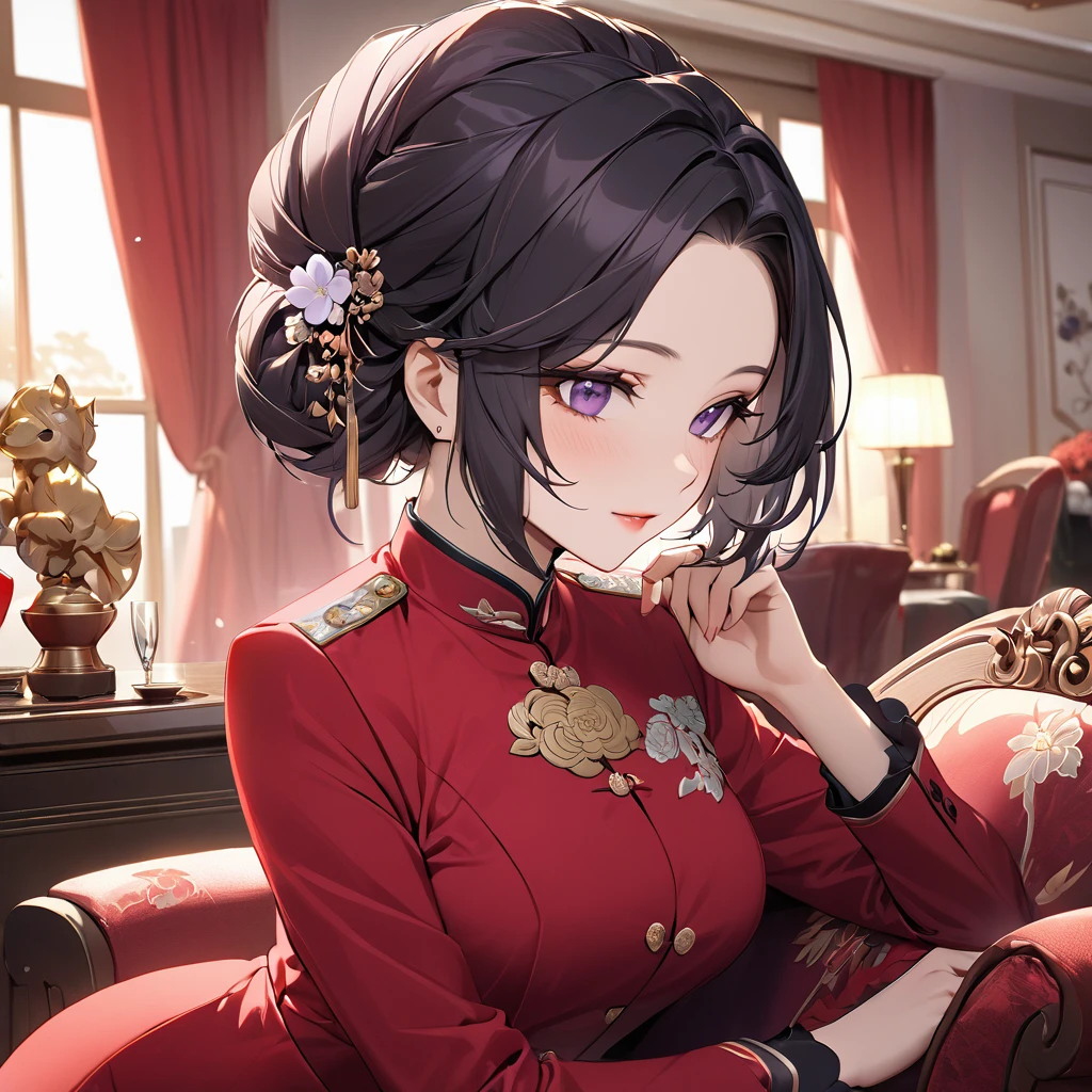 ((Highest quality)), ((masterpiece)), (detailed), (Perfect Face)、The woman is a Chinese woman named Kocho Shinobu.。, Purple gradient bob black hair and formal evening hairstyles. She is wearing an engagement ring. She is a prominent member of the Chinese Communist Party.、She is the wife of a great old Communist Party official.、The woman is beautifully dressed in a gorgeous red formal suit, typical of the Chinese Communist Party.、An elegant Chinese lady in a posh room