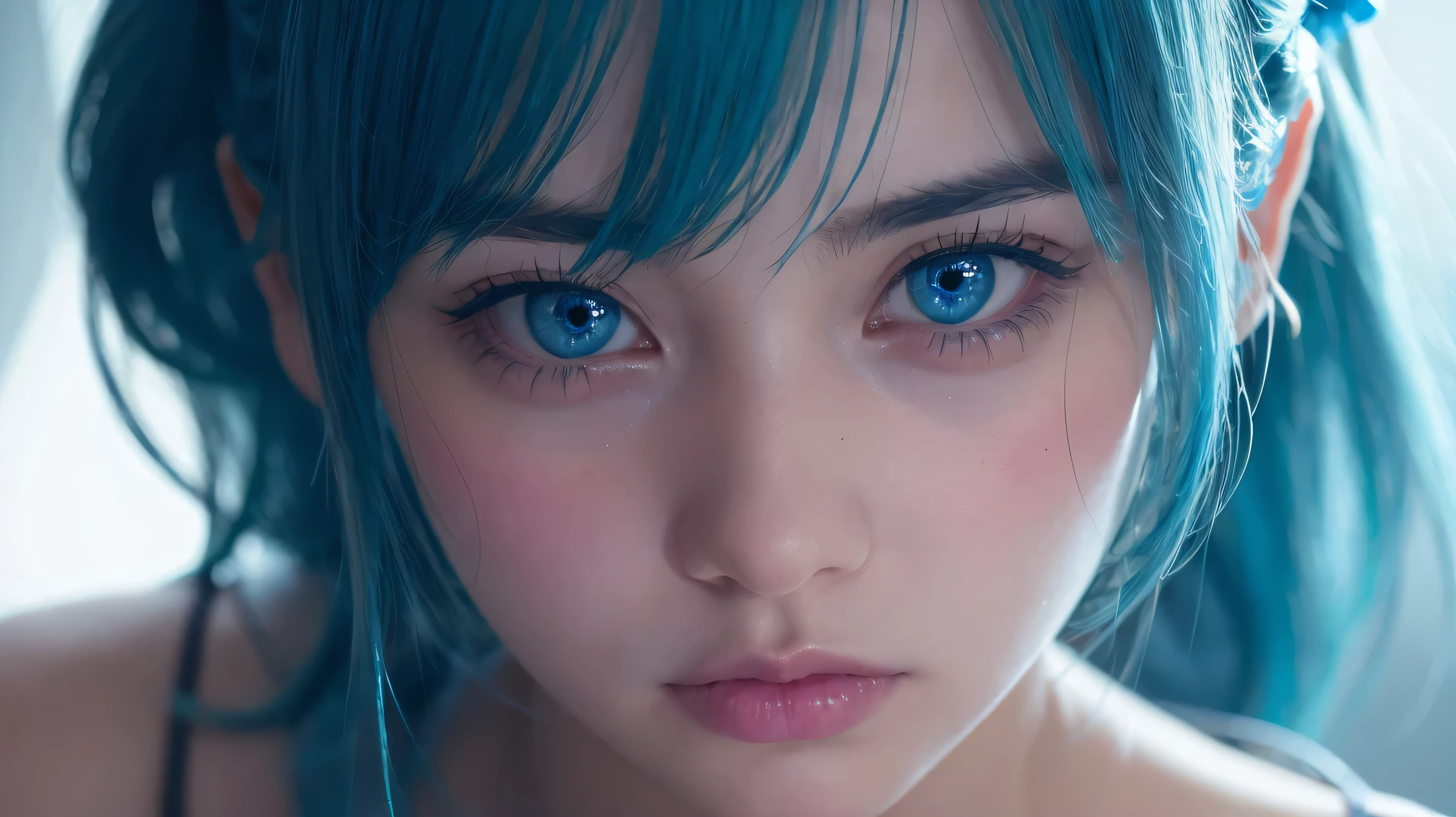 a girl in a room, beautiful detailed eyes, beautiful detailed lips, blushing, closeup, bangs, scrunchie, blue hair, intricate details, dramatic lighting, cinematic composition, vibrant colors, soft focus, photorealistic, 8k, masterpiece