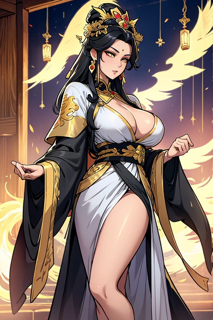 Black Hair, Immortal, Beauty, Royal sister, Stepmother, Gold Yellow Taoist robe, Golden Phoenix Coronet, Hair Bunch, Big Breasts , Mature Woman,Sunshine