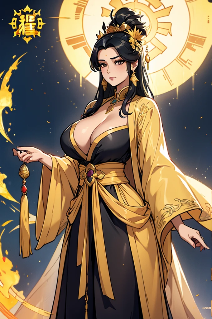 Black Hair, Immortal, Beauty, Royal sister, Stepmother, Gold Yellow Taoist robe, Golden Phoenix Coronet, Hair Bunch, Big Breasts , Mature Woman,Sunshine