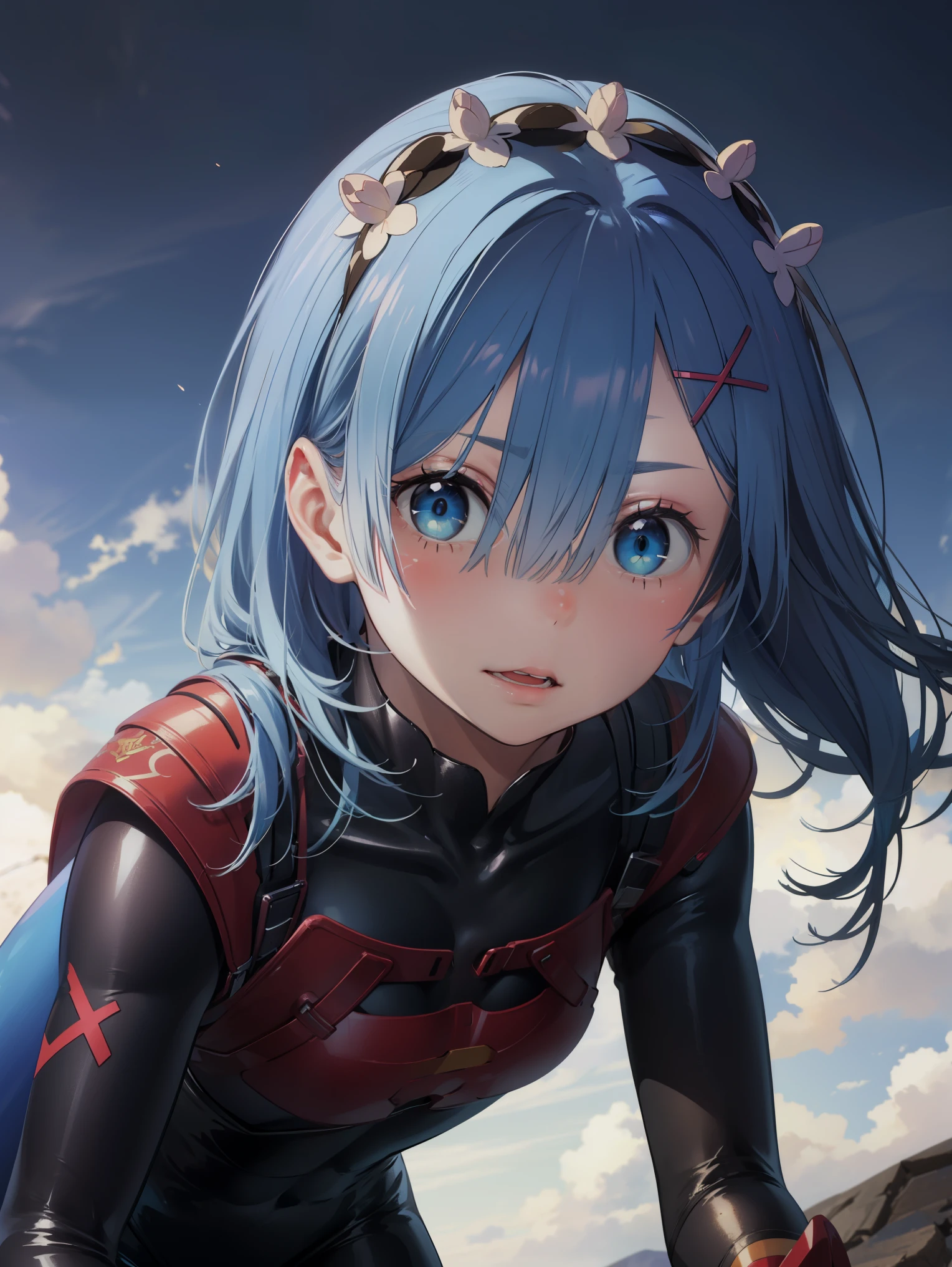 ph_rem, remhd, 1girl, blue hair, solo, blue eyes, x hair ornament,
BREAK ((bodysuit:1.5), skin tight, superhero:1.2),
BREAK is standing、sexypose、Horizon、all-fours、ssmile,
BREAK (masterpiece:1.2), best quality, high resolution, unity 8k wallpaper, (illustration:0.8), (beautiful detailed eyes:1.6), extremely detailed face, perfect lighting, extremely detailed CG, (perfect hands, perfect anatomy),