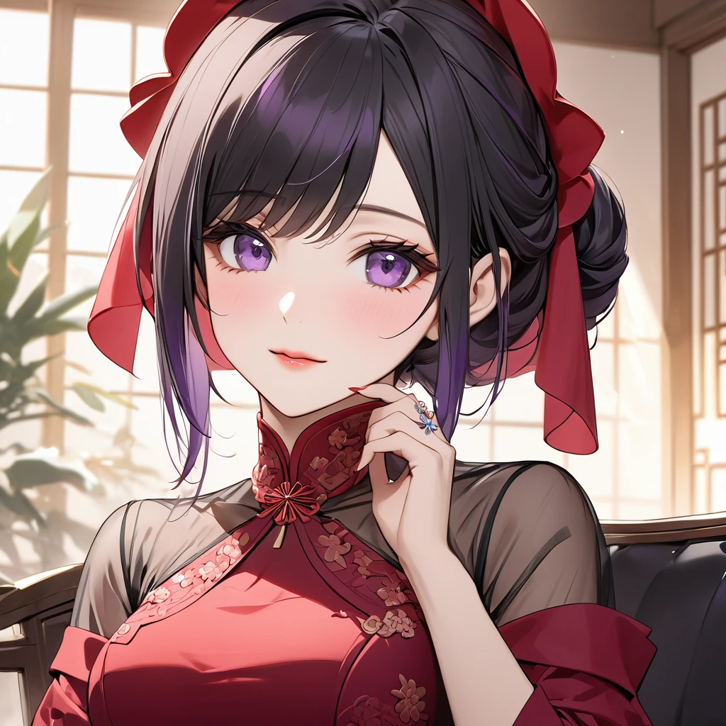 ((Highest quality)), ((masterpiece)), (detailed), (Perfect Face)、The woman is a Chinese woman named Kocho Shinobu.。, Purple gradient bob black hair and formal evening hairstyles. She is wearing an engagement ring. She is a prominent member of the Chinese Communist Party.、She is the wife of a great old Communist Party official.、The woman is beautifully dressed in a gorgeous and glamorous red dress typical of the Chinese Communist Party.、An elegant Chinese lady in a posh room