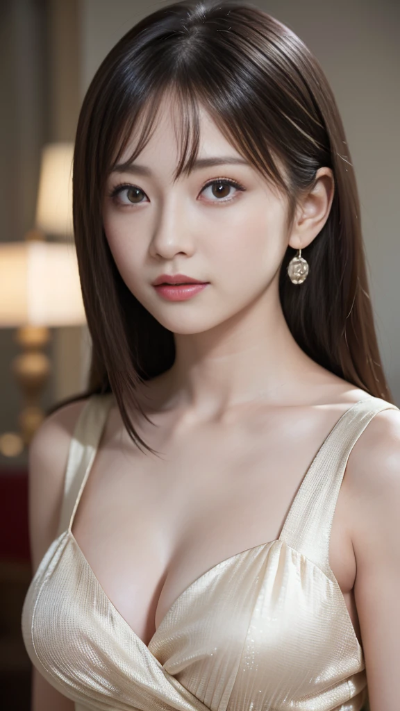 ((((masterpiece、Highest quality、High resolution、Tabletop、wallpaper、Realistic、Bright lighting、Professional Lighting、Face Light、Smooth lighting、Japanese women、Beautiful woman、action、gravure、sexly、so beautiful、Beautiful Skin、Beautiful and exquisite、Detailed face、slim:1.5))))、((Big Breasts:1.4))、((((Japanese,20-year-old,One Woman:1.5)))),smile,Close mouth,accessories, Earrings, Luxury Lounge,evening gown,dress,cabaret girl, hostesses