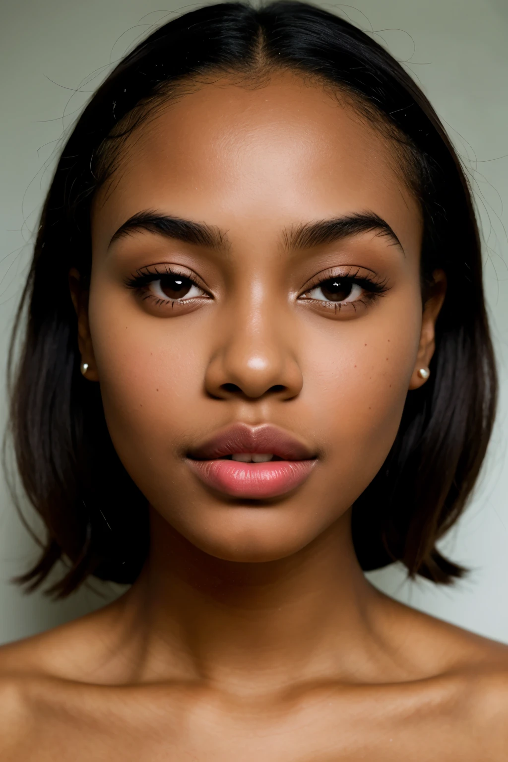 Dark skin woman, plump lips, huge full lips, facing forward to camera, hd quality, facial lighting on full face , no makeup, pretty skin, head facing towards camera, realistic, hyper realistic, female, different face shapes, closed mouth, front facing, Dark skin women, realistic, natural color lips, overly huge lips, big fat lips, huge lips, plump lips, juicy lips, lip gloss, brown lip liner, pretty face, HD skin quality, natural, hd quality skin, perfect eyebrows, high long arch eyebrows, skinny eyebrows, detail skin, clarity quality, facing forward, shiny skin, round face, detail faces
