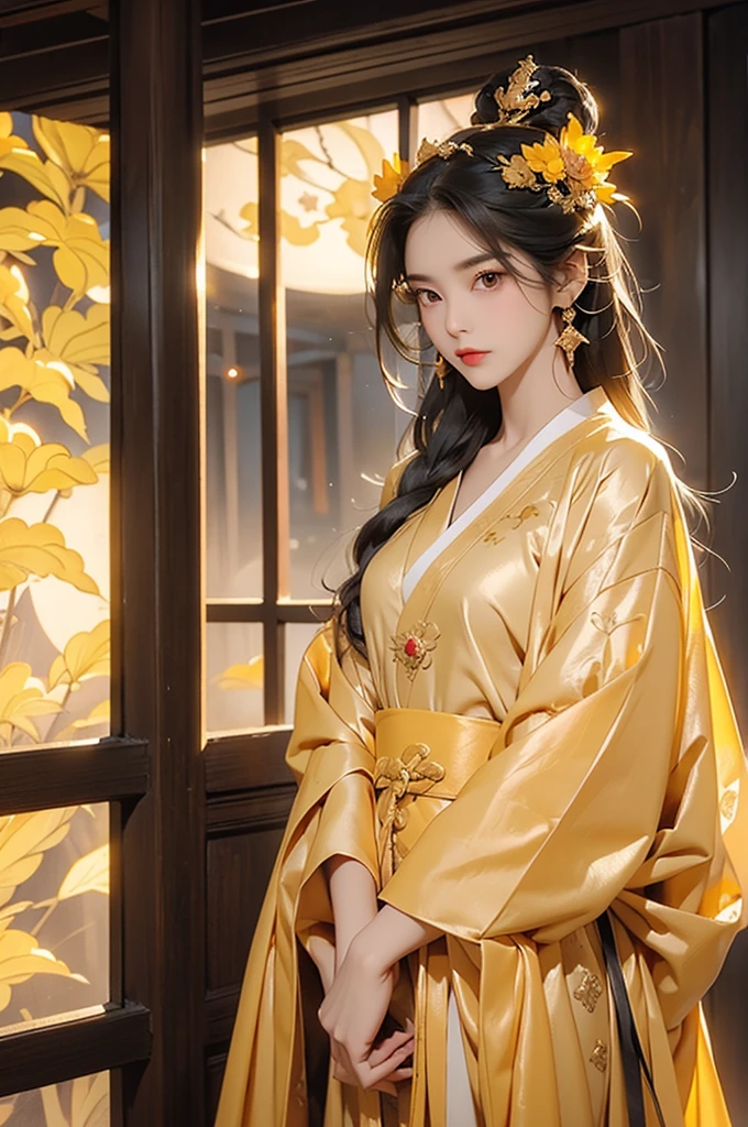 Black Hair, Immortal, Beauty, Royal sister, Stepmother, Gold Yellow Taoist robe, Golden Phoenix Coronet, Hair Bunch, Mature Woman,Sunshine