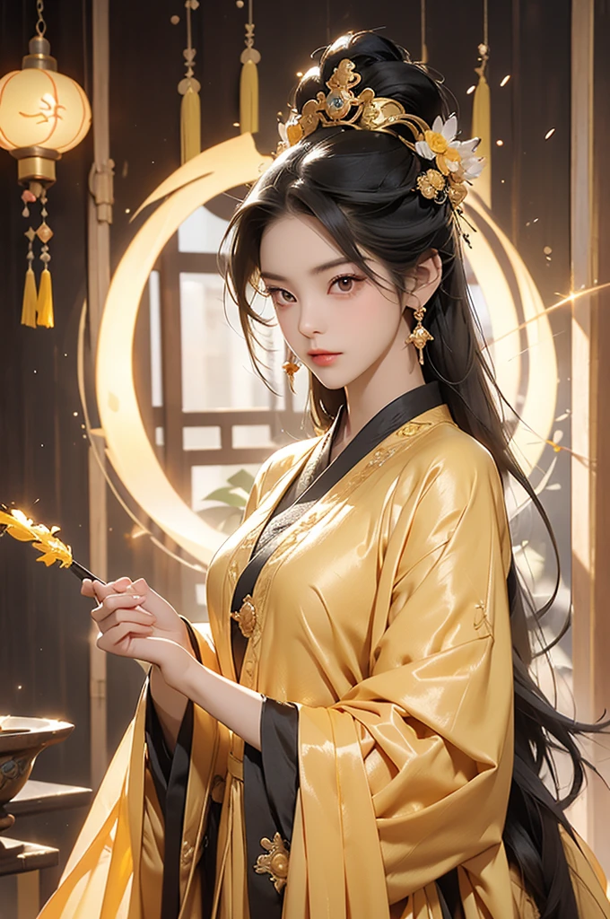Black Hair, Immortal, Beauty, Royal sister, Stepmother, Gold Yellow Taoist robe, Golden Phoenix Coronet, Hair Bunch, Mature Woman,Sunshine