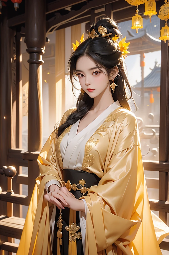 Black Hair, Immortal, Beauty, Royal sister, Stepmother, Gold Yellow Taoist robe, Golden Phoenix Coronet, Hair Bunch, Mature Woman，Sunshine