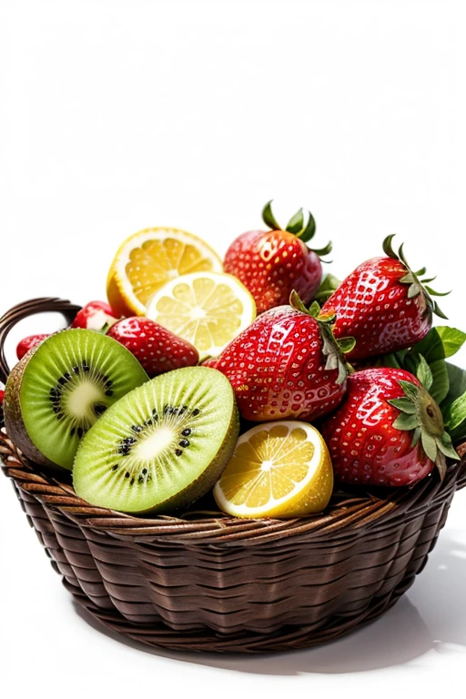 Buah fresh, basket, white background, HD size, strawberry, orange, wine, lemon, kiwi, Red Apple, fresh, Background