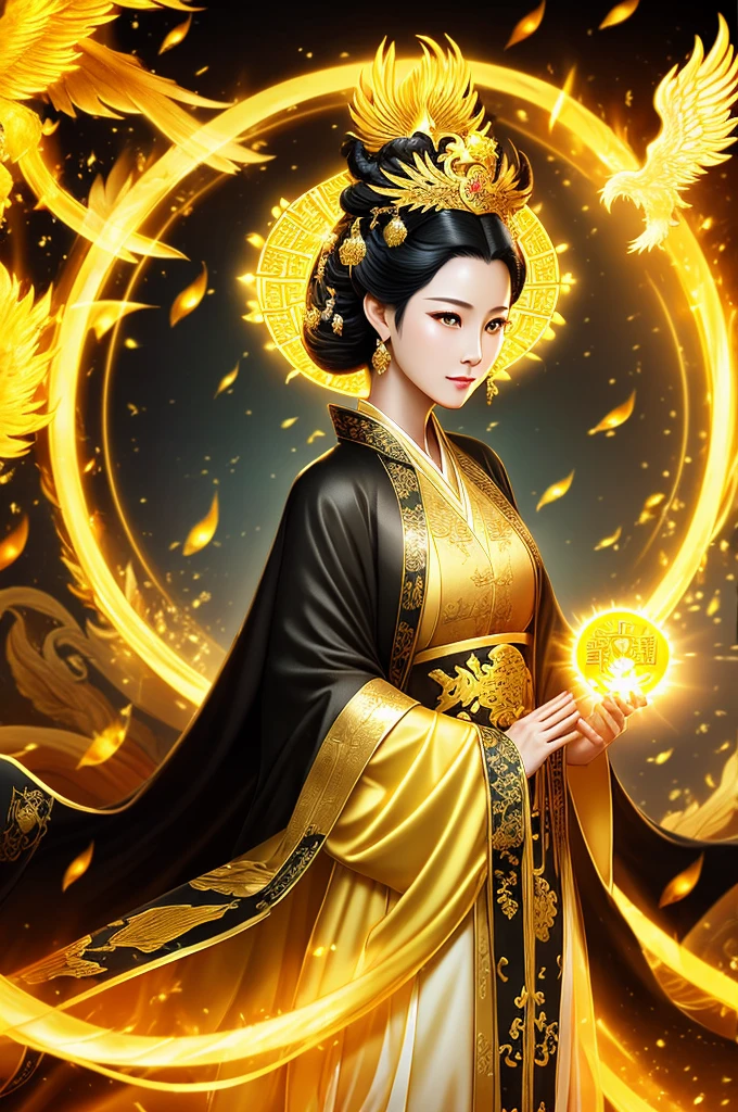 Black Hair, Immortal, Beauty, Royal sister, Stepmother, Gold Yellow Taoist robe, Golden Phoenix Coronet, Hair Bunch, Mature Woman,Sunshine