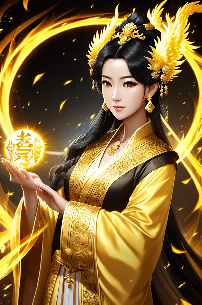 Black Hair, Immortal, Beauty, Royal sister, Stepmother, Gold Yellow Taoist robe, Golden Phoenix Coronet, Hair Bunch, Mature Woman，Sunshine