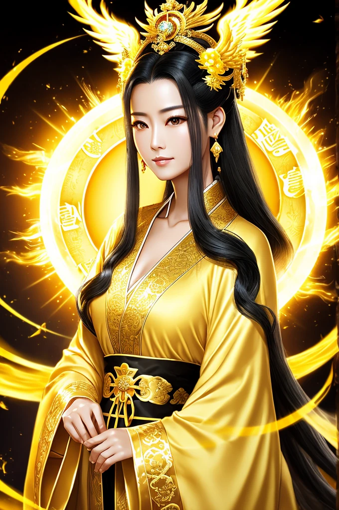 Black Hair, Immortal, Beauty, Royal sister, Stepmother, Gold Yellow Taoist robe, Golden Phoenix Coronet, Hair Bunch, Mature Woman，Sunshine