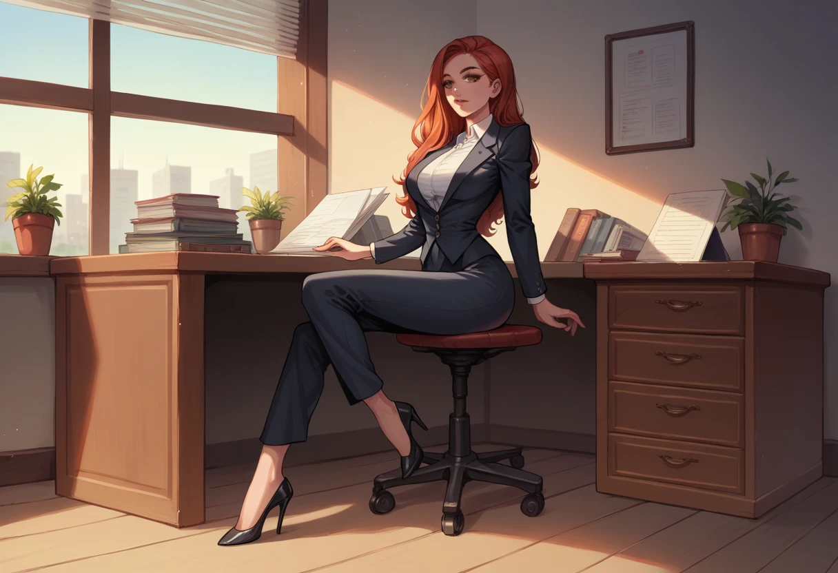 (1girl, solo), (girl is (redhead long hair), perfect body, detailed olive eyes, (dressed as a secretary)), (full body), (scenery modern office)