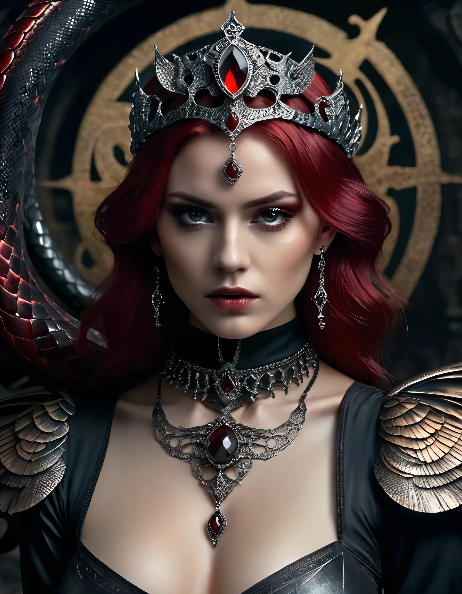 sacred theme (((Corrupted tenebrosa fairy daemon with ((small broken tenebrosa fairy wings))))),(bright red hair in two tones),(小柄),focus only,(Depth of field, ambient lighting, blurry foreground, nblurry background:1.3),(catacombs:1.3),(Black Pearl Crown),(silver moon necklace),(all-body:1.2),pointy ears,stance,all-body,work of art,best qualityer,(film photography:1.3),Photopractical,Hyperpractical,ultra detaild,analog style,soft lighting,underground dispersal,practical,heavy shadows,work of art,best qualityer,ultra practical,8k,golden ratio,Complex,high détail,film photography,softfocus,tenebrosa fantasy,background with snakes,Satan Tattoo . weird, disturbing, tenebrosa, frightful, There is a lot of suspense, stark, very detailled