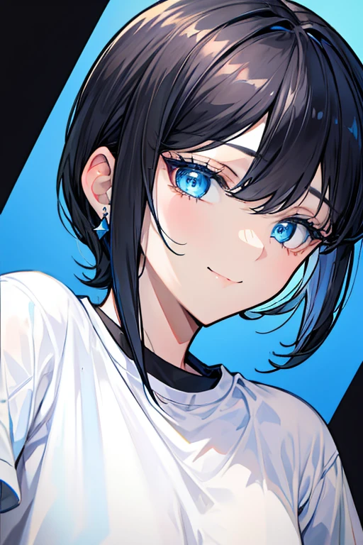 Short Hair、Earrings、Black Hair、blue eyes、Beautiful eyes、Handsome、Large T-shirt、Upper Body、A seductive smile
