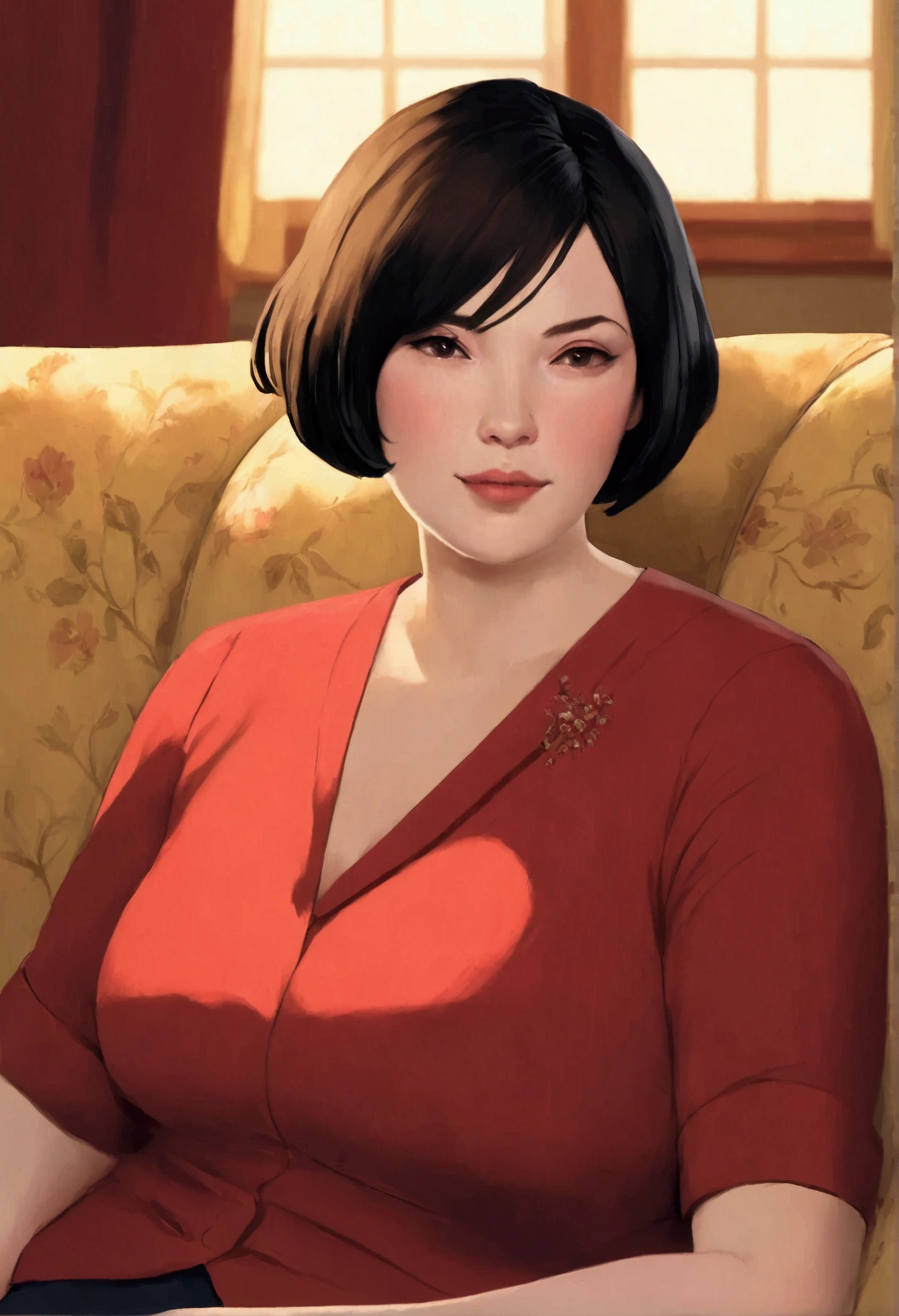 Short, plump mother, Lying on the sofa,Short Bob Hair