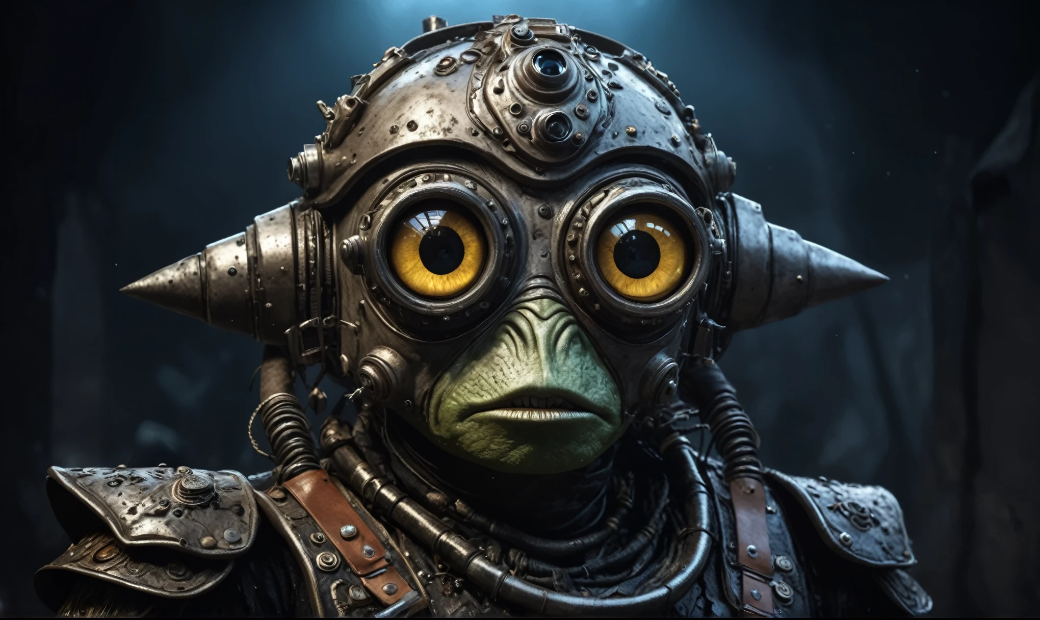 fish eyes, A Modern flat toon Crazy whit a Big ONE a Only Eye Robot USSR , and helmet Style, tongs in hands, tan head, pinhead, camouflage Rusty, Ambient in a meteorite ,full body length shot,nerd graphite  Alien Entity,native africa slave ,azctec Finnish Lapland,Cinematic,soft colors, Technicolor,natural skin textures, hyper realism, hyper detailed,Extremely detailed,High contrast,Masterpiece,Realistic,Ultra Detailed, intricate details,realistic humid leather,extremely intricate details,Epic Realistic, cinematic style, irina yermolova,high contrast,hdr,extremely detailed, [deep night landscape],masterpiece, intricate details, eyes extremely detailed, high detailed eyes,8k resolution,retina, Nikon Z9,Korea,orc,Egypt, Pisces, transition between two art styles,full body length, Double contact, X-ray, Creative, vivid light, fantasy, Abstract, Surrealism, super detailed, high resolution,insanity national folk wear,skin  almost translucent, gothic elements,Mestichino,Light particles,chaos,starfish's leather,"(The best lighting, dark, dramatic), terror.)