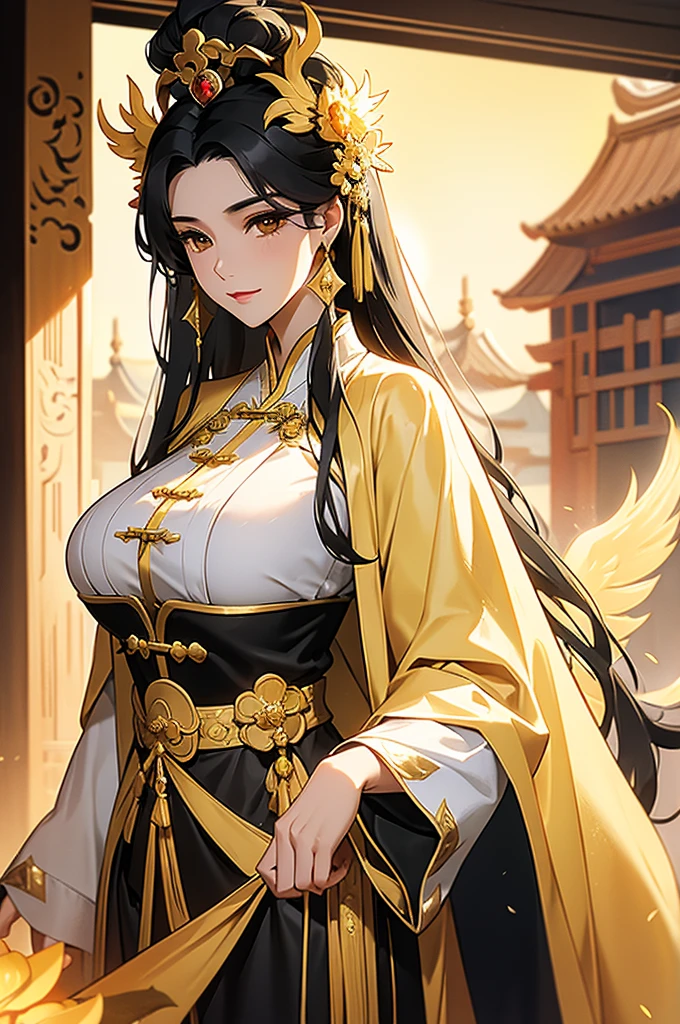 Black Hair, Immortal, Beauty, Royal sister, Stepmother, Gold Yellow Taoist robe, Golden Phoenix Coronet, Hair Bunch, Big Breasts , Mature Woman，Sunshine