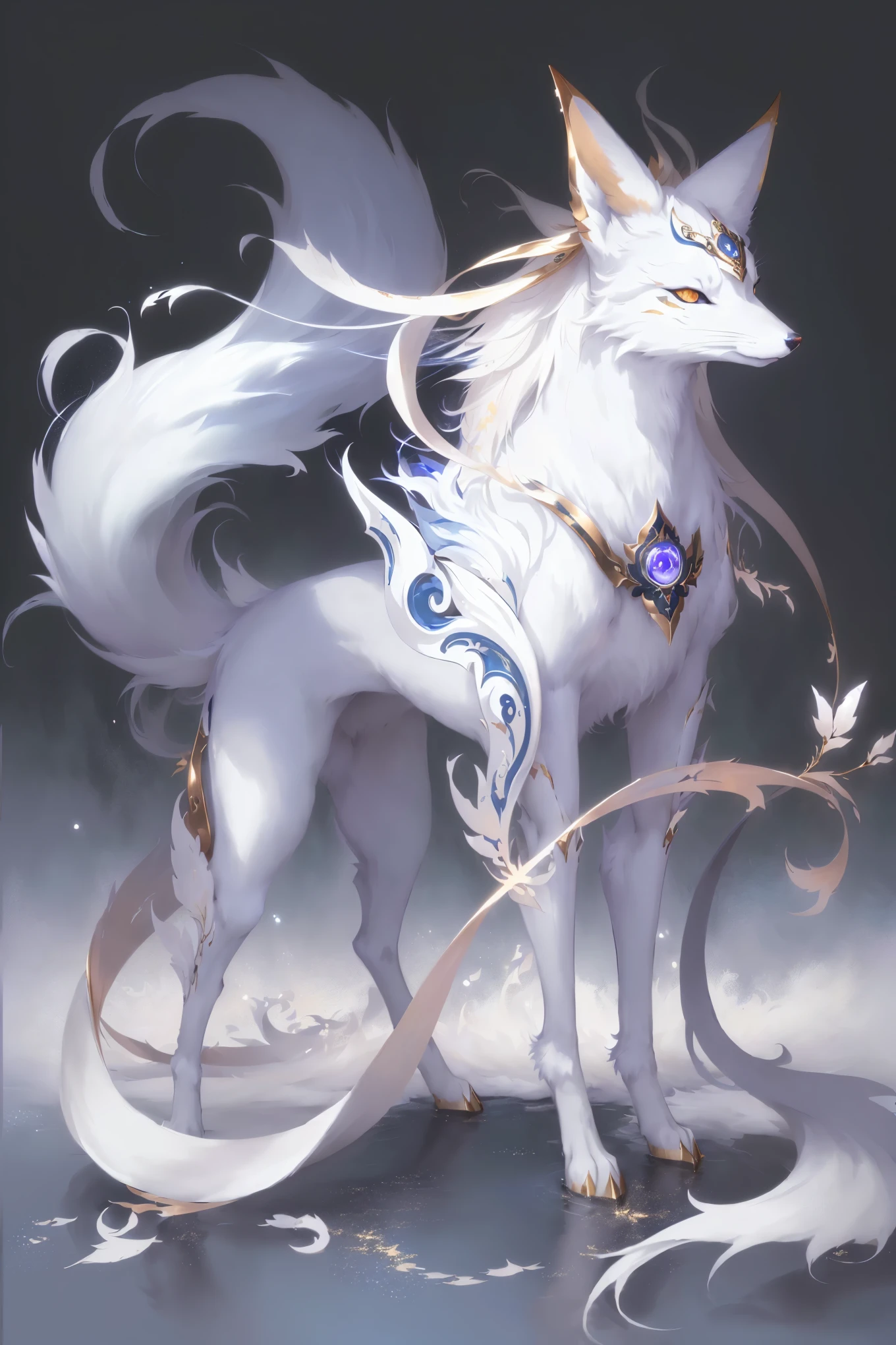 Anime style illustration,One blue eye、White fox with a golden collar, detailed art, White Fox Animation, Gold decoration on body,Ethereal Fox, narrow three - tailed fox, Zerochan art, White fox, The Art of Silver Fox, Very very beautiful furry art, narrow, Nine Stories, Water, Digital Art on Pixiv, Onmyoji